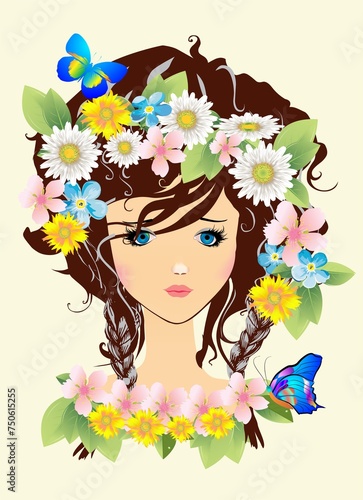 composition with spring girl, flowers and butterflies