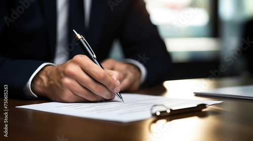 signing an agreement, a man in a business suit writes with a pen on paper, hands, office, table, contract, documents, signature, work, finance, taxes, accounting photo