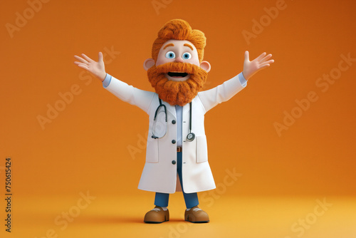 A cheerful 3D animated doctor with a red beard, dressed in a medical gown and a stethoscope, holds out his hands in a welcoming gesture on a pastel background. Children's clinic, pediatrics photo