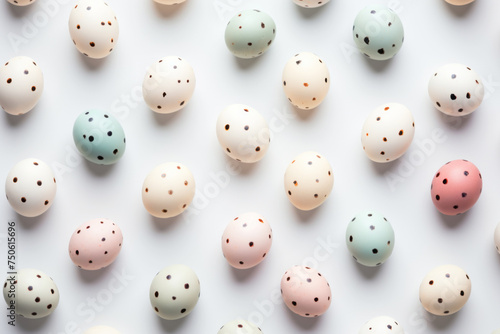 Decorative quail eggs on pastel background. Easter creative concept. Top view. Flat lay