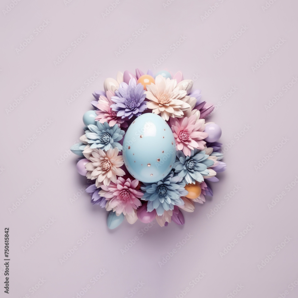 Decorative egg with flowers on pastel background. Abstract easter composition. Top view