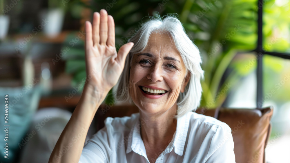 Beaming senior lady greeting with a raised hand, radiating joy and friendliness.