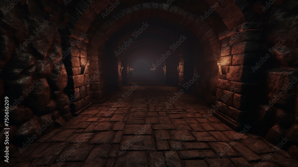 Fototapeta premium Scary endless medieval catacombs with torches. Mystical nightmare concept. 3D Rendering.