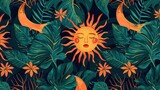 Abstract floral pattern with sea jungle, palm leaves and sun, vibrant orange and dark green banner