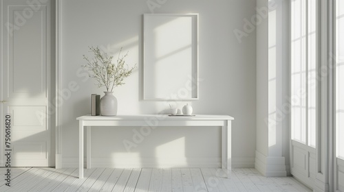 White room inside the house There is a table with vases and a wall with pictures. generate ai © jojo