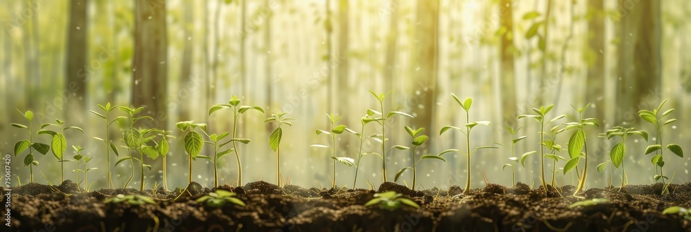 Rows of seedlings in soil bathed in a warm, glowing light, representing hope and new beginnings, perfect for Earth Day promotions or as a symbol of the potential for growth and renewal in environment  - obrazy, fototapety, plakaty 