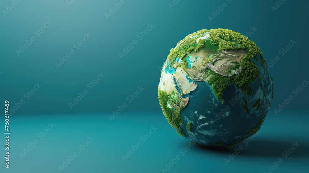 artistically rendered Earth globe with green continents prominently featured against calm blue background, perfect for creative campaigns, educational materials on green energy and ecological balance artistically rendered Earth globe with green continents prominently featured against calm blue background, perfect for creative campaigns, educational materials on green energy and ecological balance