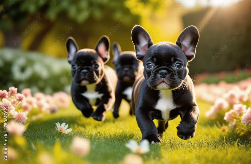 Cute black French Bulldog puppies enjoying playtime running merrily across a green lawn. Puppy day, the joy of pets, dog walking