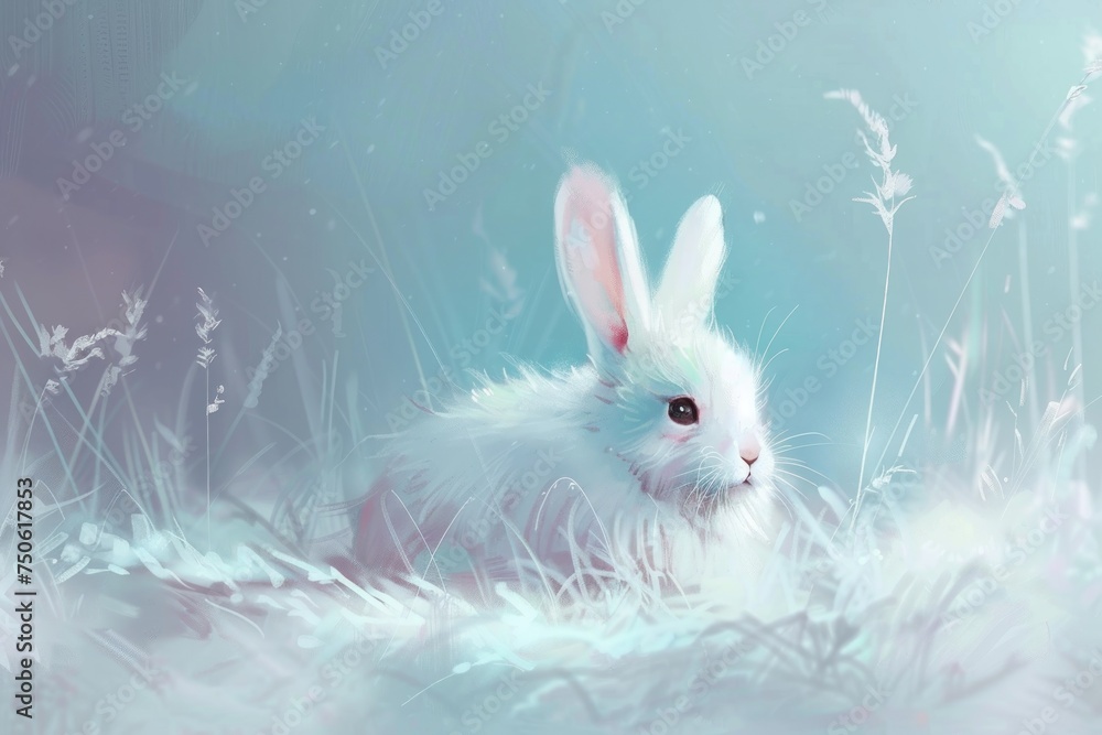 White fluffy bunny looking up from the grass in light pink and aquamarine colors with copy space, vintage art illustration White fluffy bunny looking up from the grass in light pink and aquamarine colors with copy space, vintage art illustration