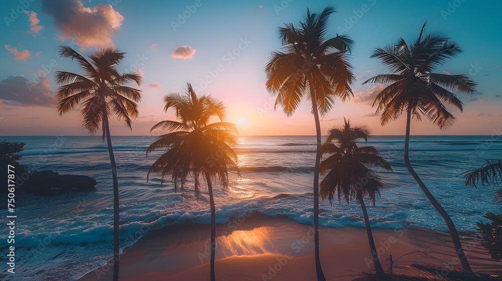 A photo featuring the silhouettes of palm trees swaying in the gentle breeze against the backdrop of a breathtaking sunrise over the ocean. Highlighting the tranquil paradise of a tropical morning and