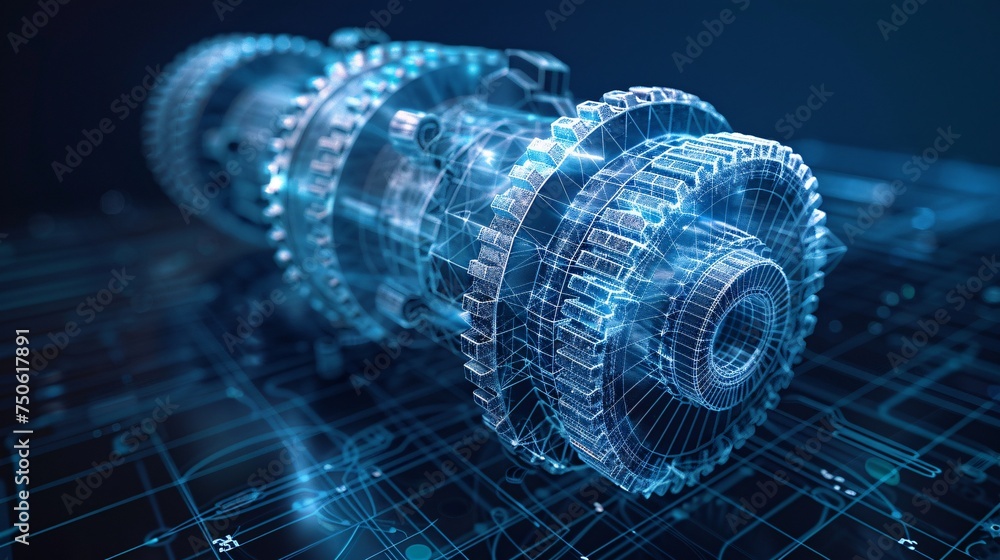 3D wireframe illustration of a gear on a dark blue background. Mechanical technology, industry development, engine work are machine engineering symbols. - obrazy, fototapety, plakaty 