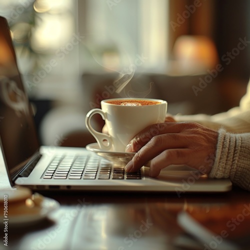 Entrepreneurial Spirit  Close-up of a person s hands typing on a laptop with a coffee cup  capturing the essence of entrepreneurship