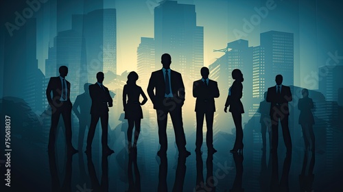 silhouettes of people working with groups of standing business people 