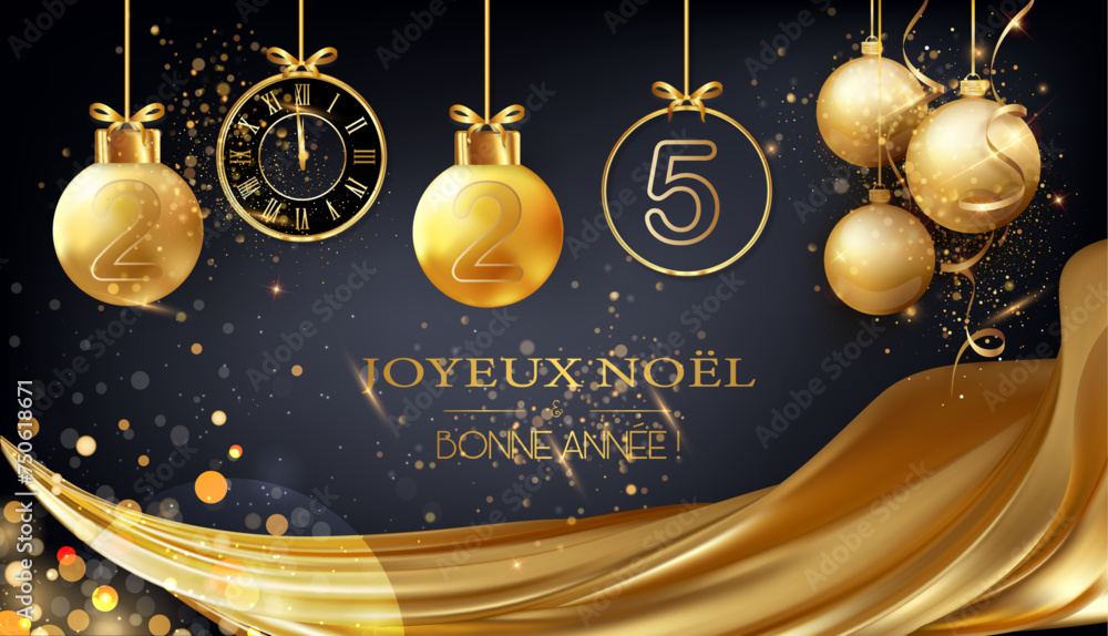 Vecteur Stock carte ou bandeau pour souhaiter un joyeux Noël et une bonne année 2025 en or et