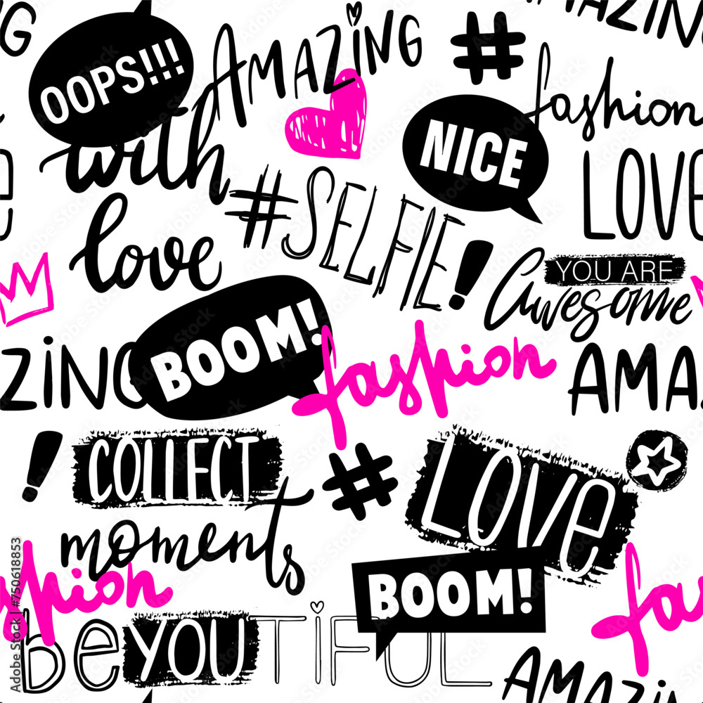 Bright seamless pattern with colorful hearts, words and hand drawing elements. Wallpaper for teenager girls on white background. Fashion style