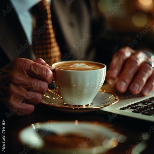 Entrepreneurial Spirit  Close-up of a person s hands typing on a laptop with a coffee cup  capturing the essence of entrepreneurship