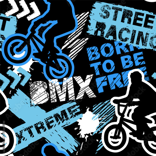 Abstract seamless grunge pattern for guys. Urban style modern background with boy on bicycle BMX. Sport extreme style creative wallpaper