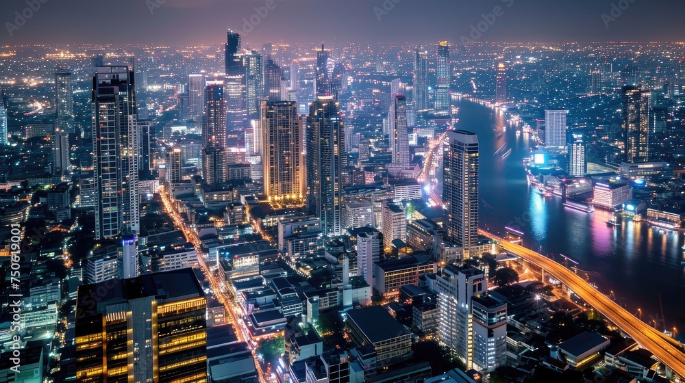 towering skyscrapers illuminated against the night sky towering skyscrapers illuminated against the night sky