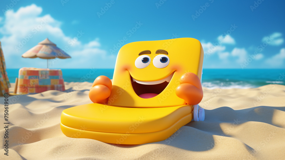 Animated funny character a chaise longue on the beach
