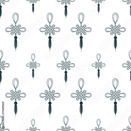 Chinese knots seamless pattern. Hand drawn symbol of Good Luck. Vector illustration for surface design, textile, web or wrapping paper.