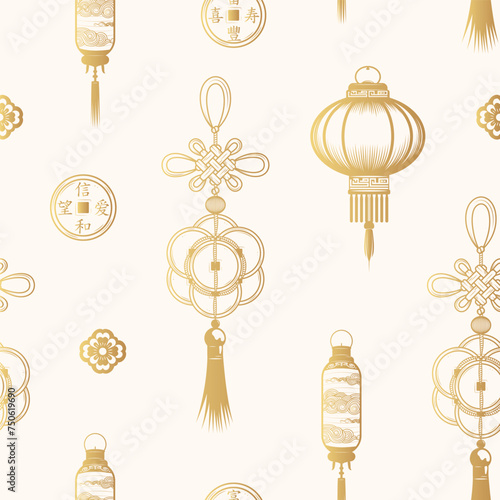 Golden chinese hanging lanterns, knots and coins seamless pattern. Hand drawn symbols of fortune and luck. Vintage vector illustration for textile, background or wrapping. 