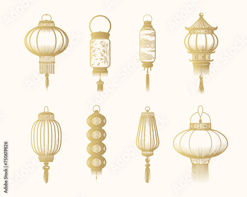 Eight chinese  golden lanterns collection.  Hand drawn isolated set of  traditional Feng Shui symbols and decor elements. Vector illustration for greeting cards and print.