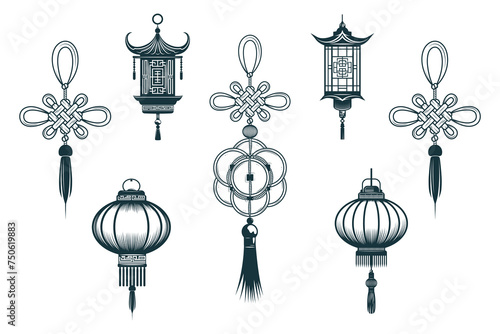 Good luck knots and chinese  lanterns collection.  Hand drawn isolated set of  traditional Feng Shui symbols and decor elements. Vector illustration for tattoo, greeting cards, and print.