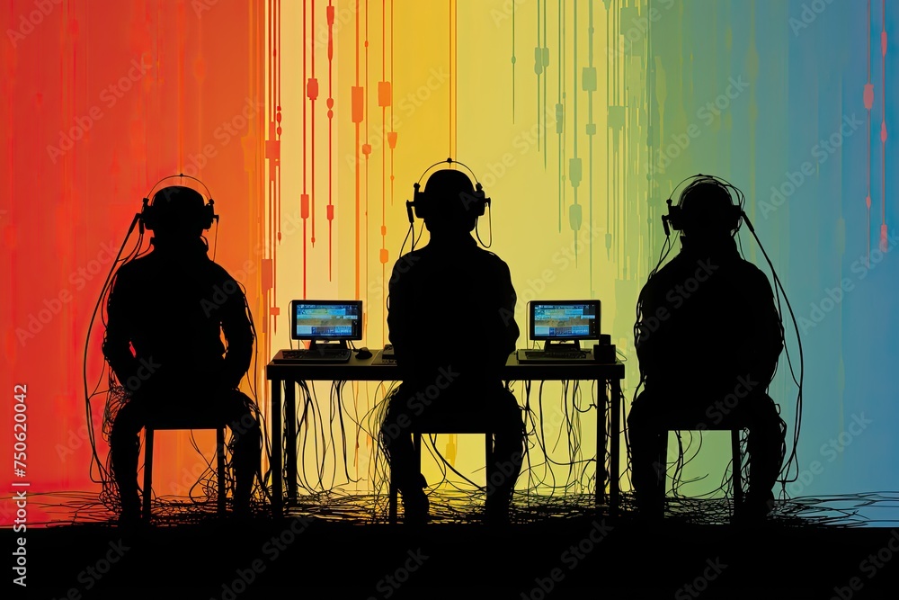 silhouette of three DJ mixing music