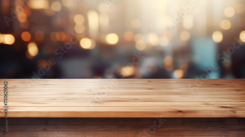 Grunge natural wooden desk top with copy space for product advertising over blurred office background