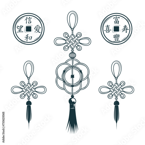 Set of  Chinese coins with holes and knots for good luck isolated on white background.Talisman for wealth and prosperity according to Feng Shui. Vector illustration for oriental design and tattoo.