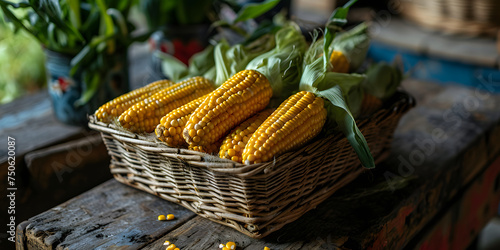 A bunch of shucked corn in a wooden basket on the table