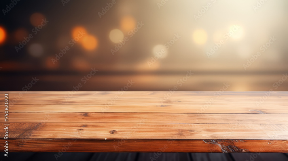 Grunge natural wooden desk top with copy space for product advertising over blurred office background - obrazy, fototapety, plakaty 