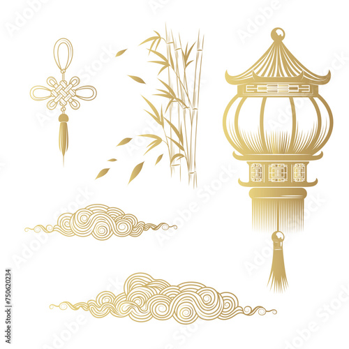 Traditional Asian symbols: lanterns, bamboo, clouds. Golden set of feng shui elements isolated on white background. Vector illustration for cards, stickers, invitations and web design