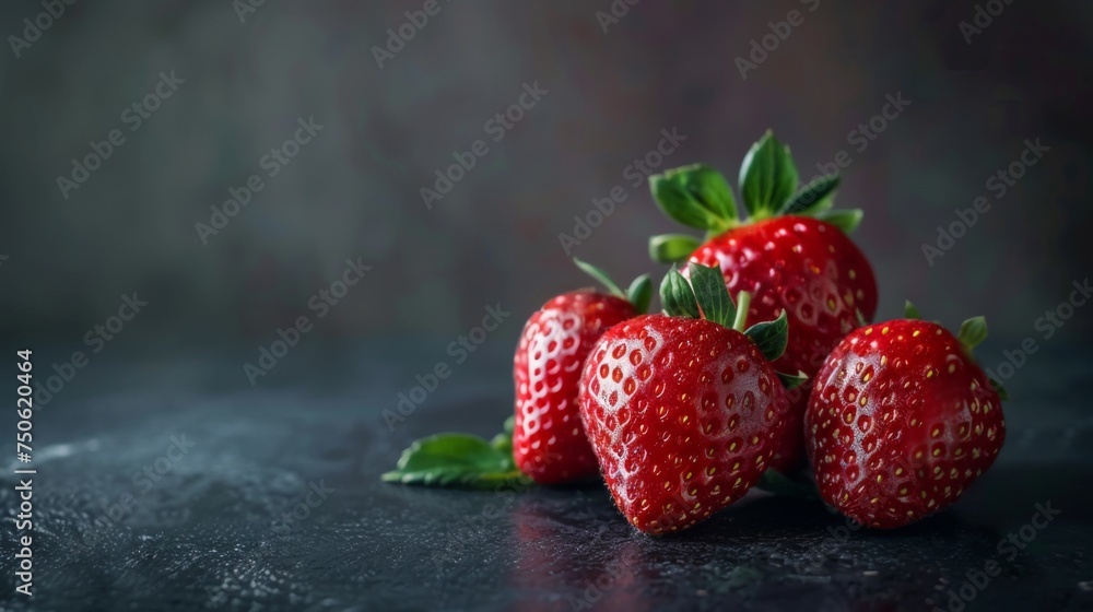 Fresh strawberries. Delicious fresh and sweet moist strawberries. Isolated on dark background. Room for copy space.
Fresh strawberries. Delicious fresh and sweet moist strawberries. Isolated on dark background. Room for copy space.