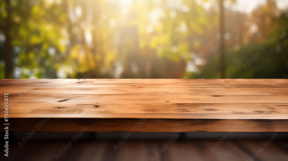 Grunge natural wooden desk top with copy space for product advertising over blurred home kitchen background Grunge natural wooden desk top with copy space for product advertising over blurred home kitchen background