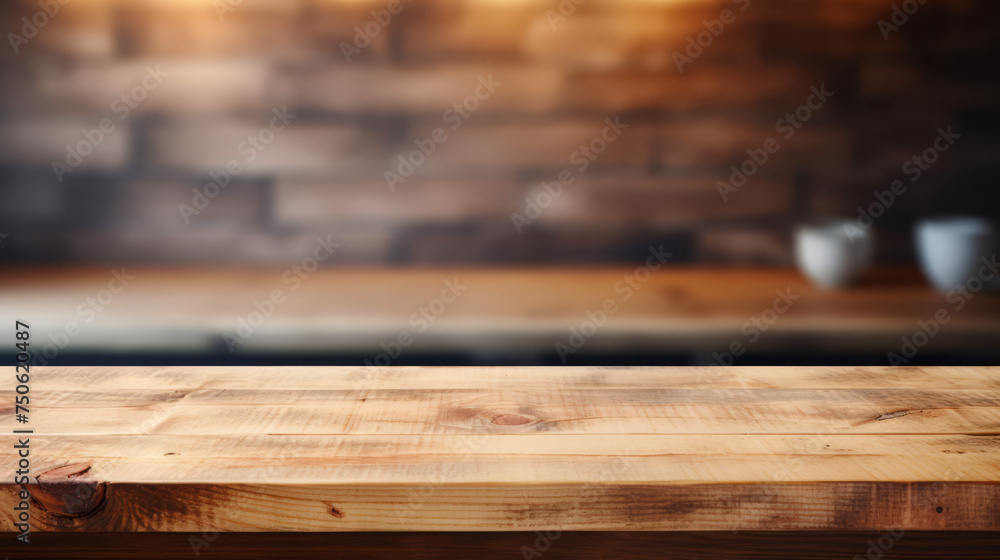Grunge natural wooden desk top with copy space for product advertising over blurred home kitchen background Grunge natural wooden desk top with copy space for product advertising over blurred home kitchen background