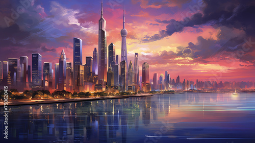 skyline at sunset, futuristic concept, AI generated  photo