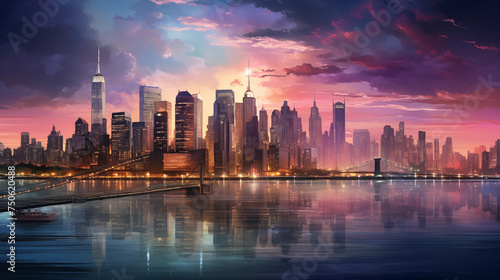 skyline at sunset, futuristic concept, AI generated  photo