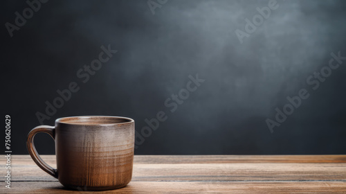 Grunge natural wooden desk top with a coffee mug with copy space for product advertising over blurred gunmetal background