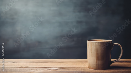 Grunge natural wooden desk top with a coffee mug with copy space for product advertising over blurred gunmetal background