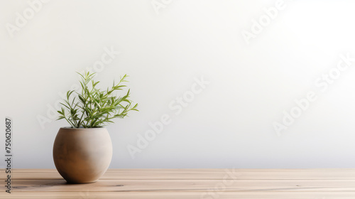 Grunge natural wooden desk top with a little plant with copy space for product advertising over blurred brushed white background