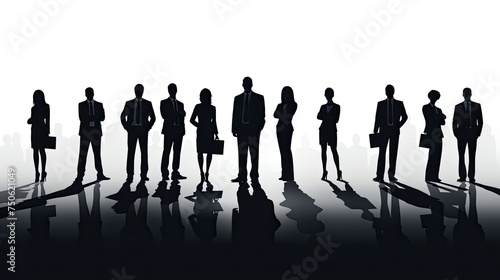 silhouettes of people working with groups of standing business people 
