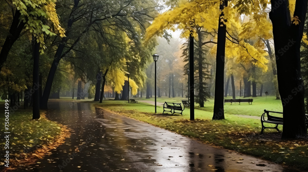 Autumn rain landscape in the park silence and rain