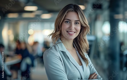 A beautiful businesswoman stands and smiles in a business office environment, with depth of field.