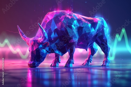 The digital artwork of a polygon bull exudes a fine-art sensibility with its soothing blue and hile the green graph glow adds a calm vibe to the stock market scene. photo