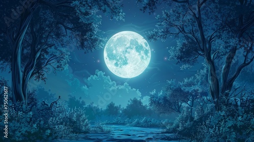 The moon's silver glow illuminates the forest, casting eerie shadows as owls hoot and creatures stir in the darkness.