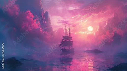 a sailboat in the middle of the ocean at sunset