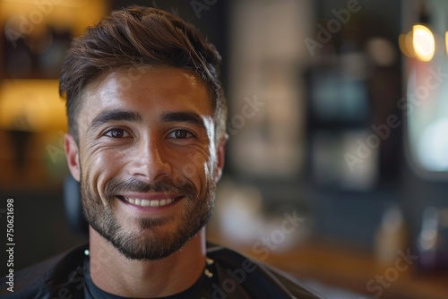 Satisfied customer smiling in salon chair, sporting a stylish fresh cut from skilled barber