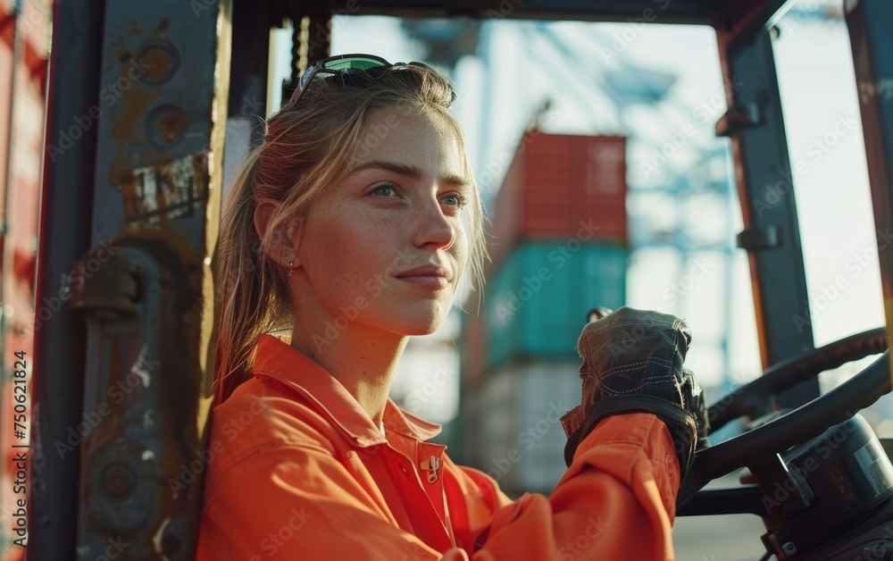 Woman supervisor operates forklift to move shipping containers at ...
