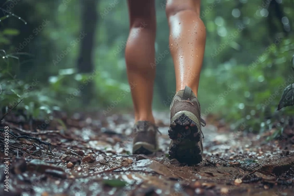 Woman hiking in the woods, close-up of her feet navigating the forest path. Woman hiking in the woods, close-up of her feet navigating the forest path.